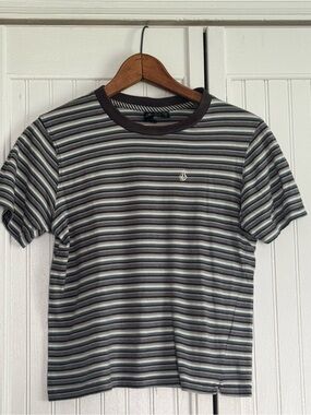 Volcom Striped Short Sleeve Tee in Black, Gray and White